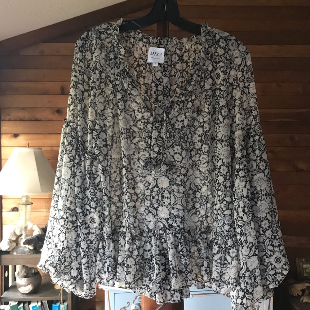Misa Los Angeles floral black and cream blouse L